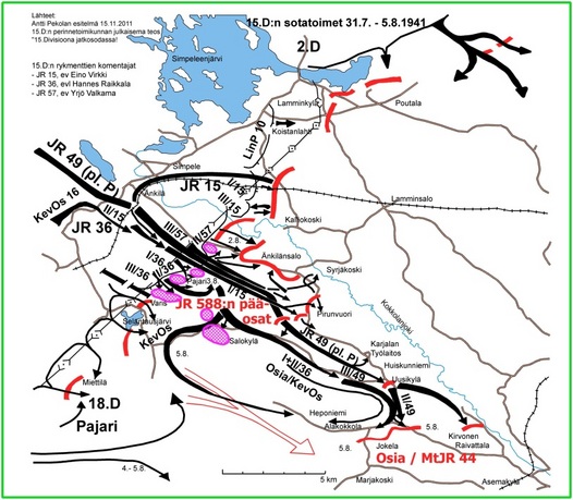 Kuva 1: Karttapiirroksesta selviää 15.D:n hyökkäyksen eteneminen 31.7. - 5.8.1941. Alkuvaiheessa vihollinen pystyi merkittävästi hidastamaan hyökkäyksen etenemistä. Hyökkäysalueen vasemmalle sivustalle jäi Änkilänsaloon vihollisen voimakas tukikohta. Oikealla sivustalla eteneminen pääsi alkuvaikeuksien jälkeen käyntiin. 5.8. mennessä oli vallattu Raivattalan koillispuolinen alue