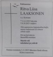 Laaksonen Ritva Liisa os. Kotonen. Etelä-Suomen Sanomat 4.11.2023 kuvaaja Timo Mälkki