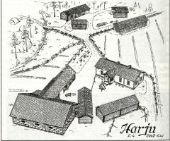 Harjun rakennusryhmään kuului eri aikoina pystytettyjä osia. Riihi ja sauna ovat palonarkoina osina kauempana päärakennuksesta, eläintilat, aitat ja kalustovajat pihanpiirissä. Harjulta tie jatkuu oikealle Uutelaan, Pienelle Simolle ja Rapalaan sekä vasemmalle Joukaisille, Mikkoloille, Jättölään ja Turkialle. (