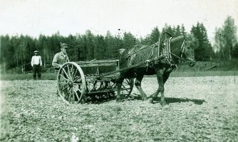 Valde Hiiri kylvämässä hevosvetoisella kylvökoneella