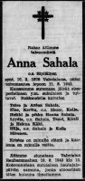 Anna Sahalan kuolinilmoitus 1943