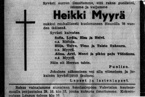 Heikki Myyrän kuolinilmoitus