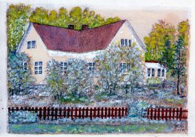Peltolan talo rannasta katsottuna. Kuva Artturi Koskelaisen maalaamasta taulusta. 