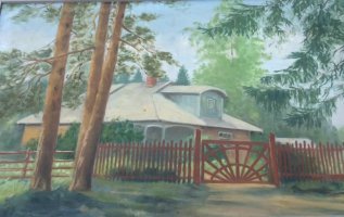 Taiteilija Piekäisen maalaama taulu omasta kotitalostaan Järvenpää-Nurmi maantieltä katsottuna. Talon takaa vähän matkan päässä oli junarata. (Outi Piekäinen)