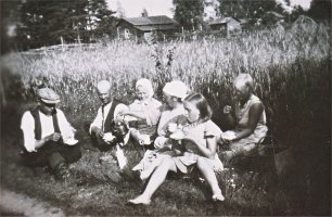 Heinänkorjuussa Asolan pellolla heinäkuussa vuonna 1934. Vasemmalta Ruokosuon Konsta (Myllynen), Santeri Haaja, Ruokosuon Manta (Amanda Myllynen), opettaja Tyyne Haaja, tytär Sinikka ja opettajan apulainen Helle Heinonen. Taustalla näkyvät Anton Käen (Kivikko) kotimökki ja sauna. Oikealla pensaiden varjossa on Uutelan ulkorakennus. (Maire Autio)