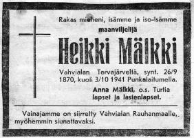 Heikki Mälkin kuolinilmoitus