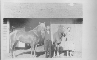 Emil Metso ent. Messo 1903-1980 ja vaimonsa Anna Alina os. Ahokas 1909-1985 sekä hevoset Markku ja Impi