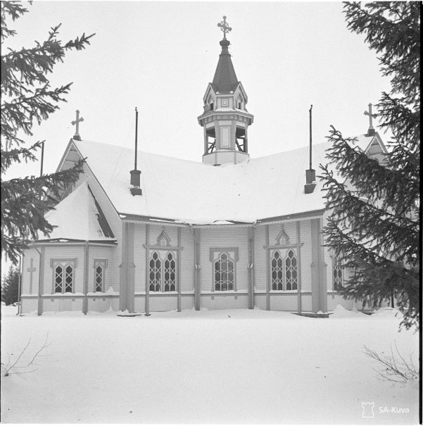 Jänisjärven kirkko, 17.3.1940, SA-kuva. Soanlahden kirkko sijaitsi Soanlahden kirkonkylässä Jänisjärven itärannalla.