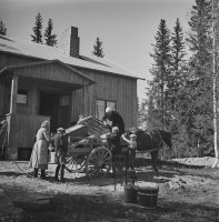 1. Sakkolasta kotoisin olevan sotaleski Linda Koirasen perheen evakkokuormaa puretaan Aitolahdessa, 1941 (Pekka Kyytisen kokoelma, Kansatieteen kuvakokoelma, Museovirasto)